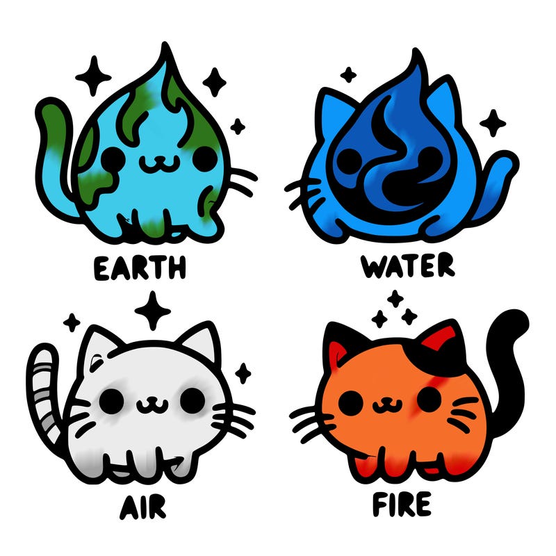 4 cats that represent the different elements, earth, water, air, and fire