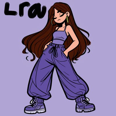 girl in baggy pants crop top and long hair