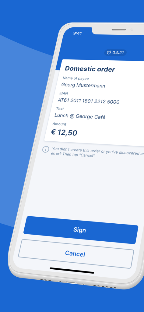 Pantalla de firma de orden nacional en la aplicación s Identity