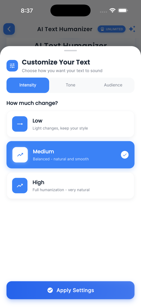 AI Humaniser: Text Bypass - Interface of the AI Humaniser app showing options to customize text intensity with low medium and high levels