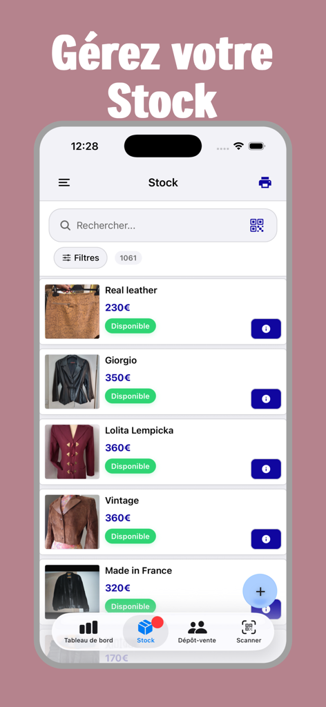 Mobile screen of Vinto app showing a list of clothing items in stock with prices and availability status