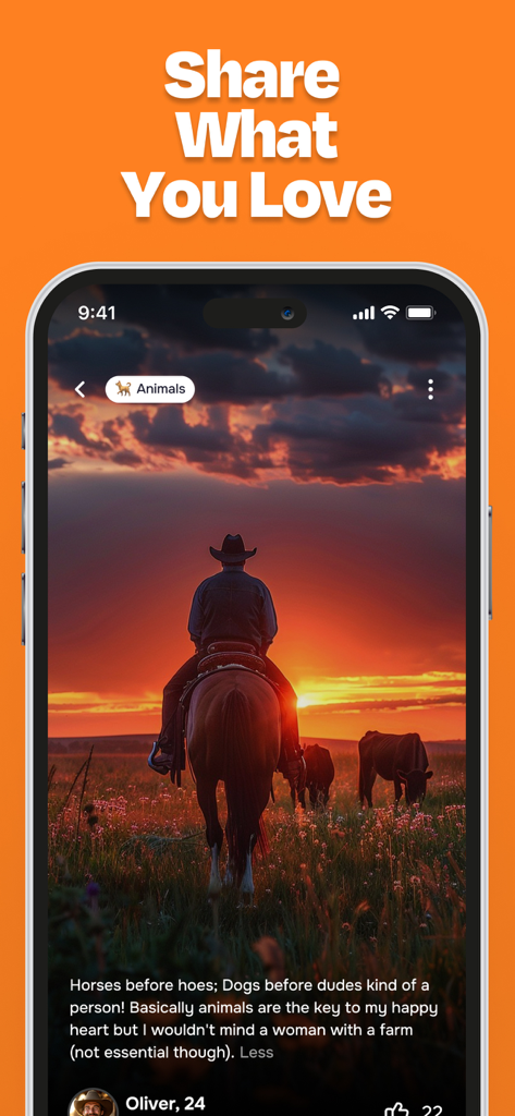 Farmers Match Dating App - Farmers Match app social feed showing a cowboy on a horse during sunset