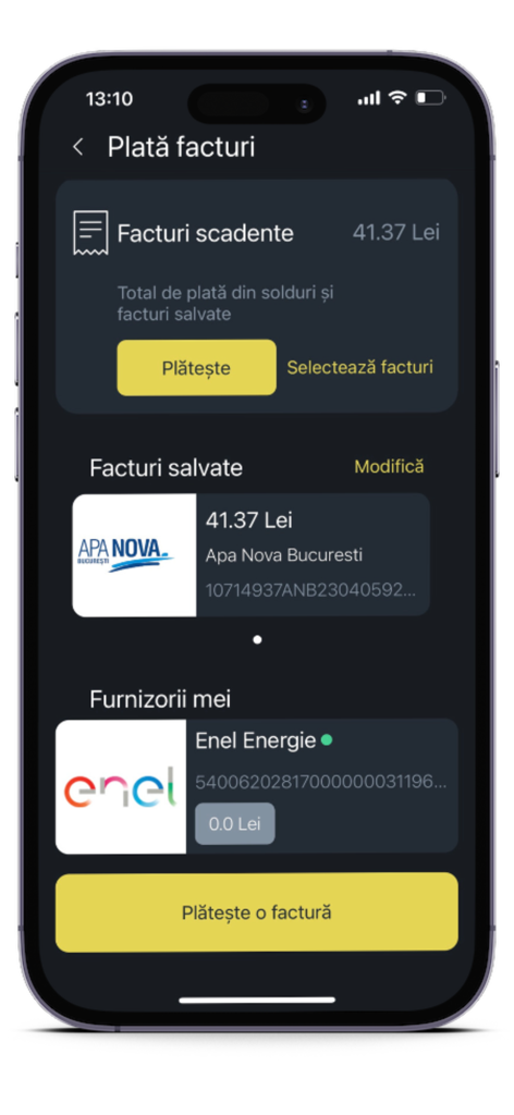 24pay mobile app interface showing the utility bill payment dashboard with due invoices and saved suppliers