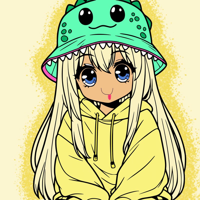 girl with anime shaped eyes with a dinosaur bucket hat oversized sweatshirt long straight hair