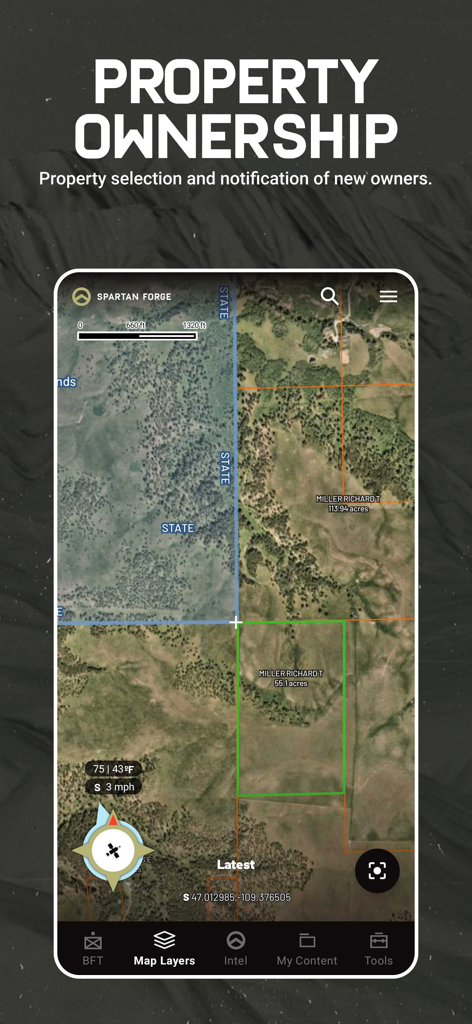 Spartan Forge Hunt app interface displaying public and private property ownership boundaries on a satellite map
