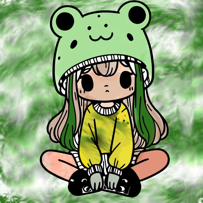 a girl wearing a frog hat and some frog socks