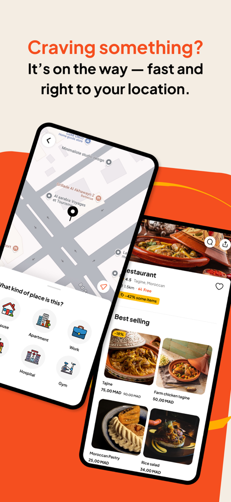 Interfaccia dell'app di consegna DONE che mostra una mappa della posizione e un menu di piatti marocchini