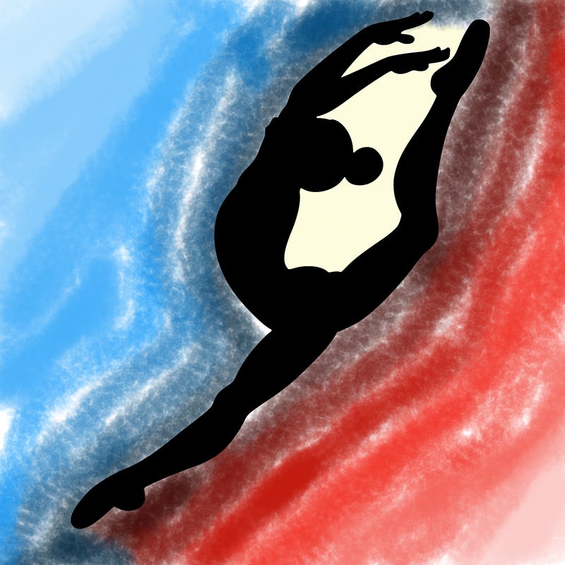 gymnast doing a leap in a leotard with a bent back leg