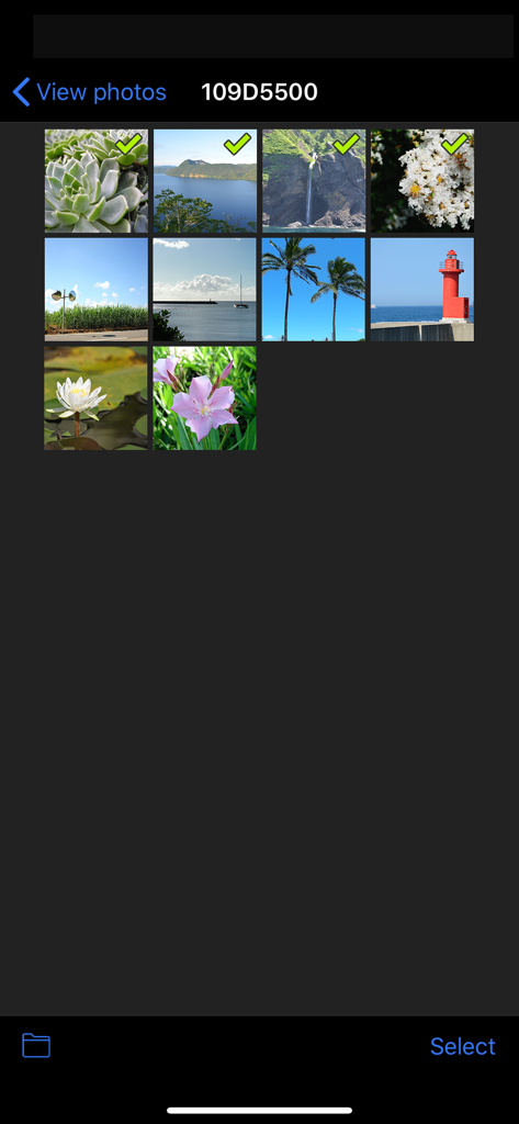 Photo selection screen in the Nikon Wireless Mobile Utility app showing a grid of images ready for transfer