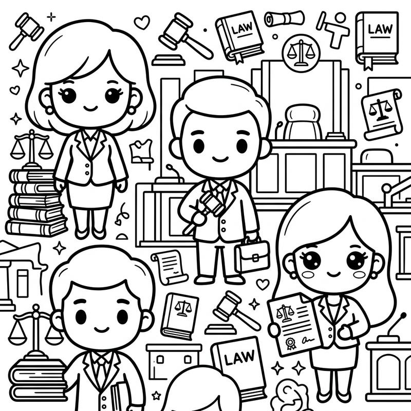 Step into a charming legal universe with our delightful Kawaii Lawyer coloring page. This design brings the serious world of law to life with adorable characters and iconic symbols, perfect for a relaxing coloring session.