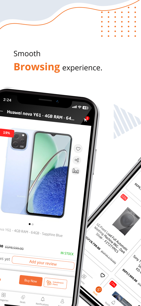 2B Egypt - Screenshot dell'app mobile 2B Egitto che mostra una pagina di prodotto di smartphone ed esperienza di navigazione
