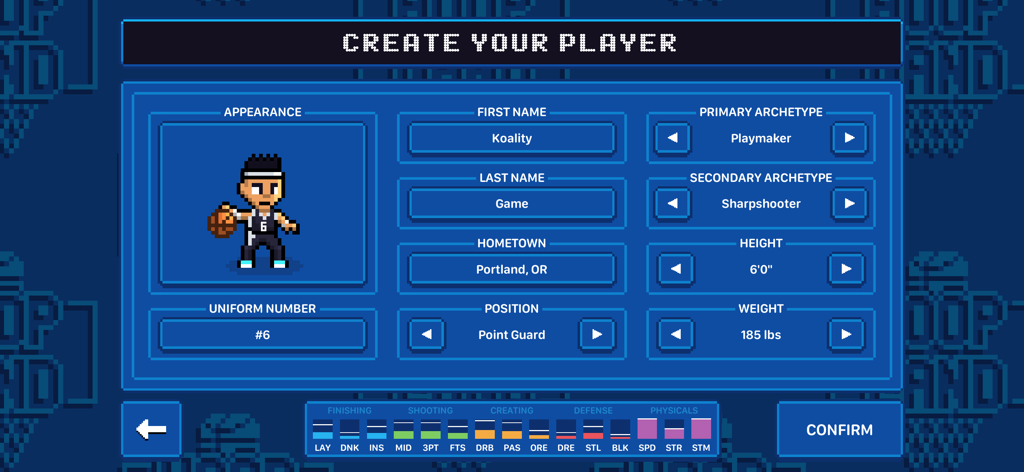 Hoop Land - Una interfaz de pixel art para crear un jugador de baloncesto personalizado en Hoop Land con atributos para arquetipos, altura y estadísticas.