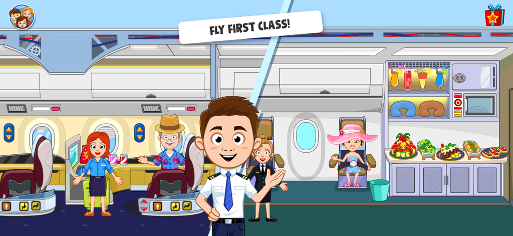 My Town : Airport - Personajes de dibujos animados jugando a roles dentro de una cabina de avión de primera clase con un piloto y un buffet