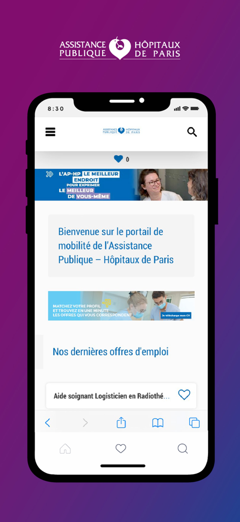 The internal mobility portal of the AP-HP Pro app displaying job offers for healthcare professionals