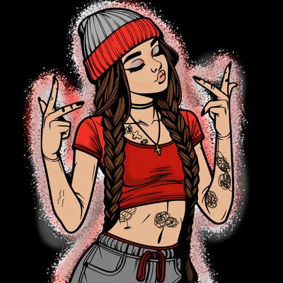 realistic teenage girl with braids and a beanie and crop top doing 🫶🏼