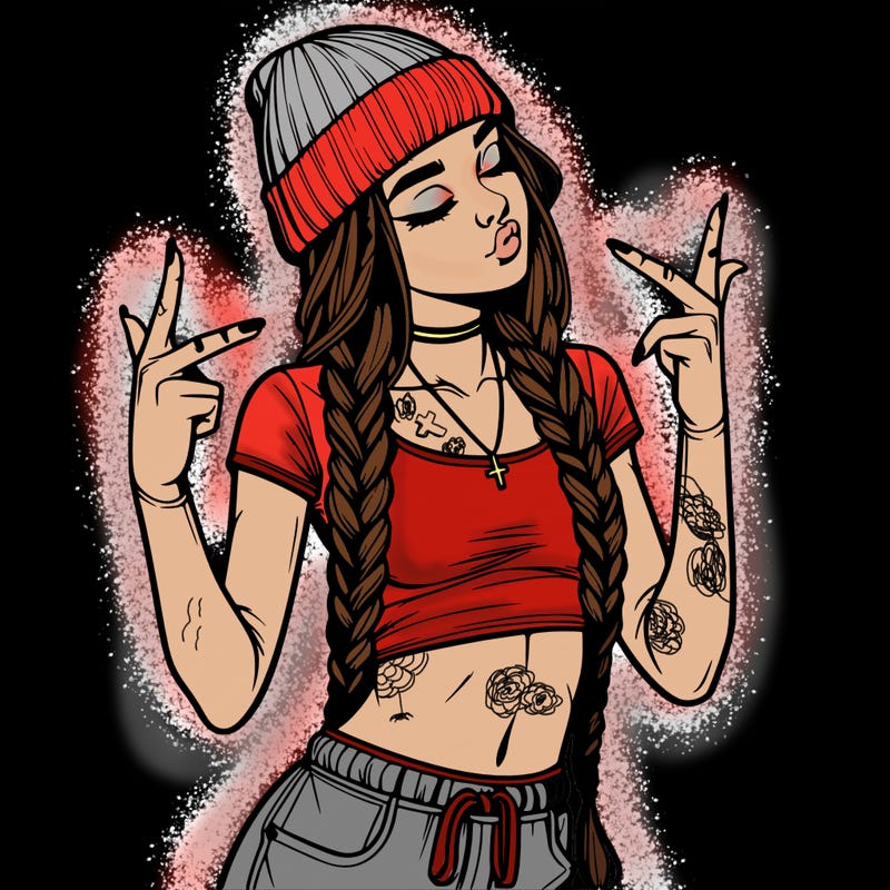 realistic teenage girl with braids and a beanie and crop top doing 🫶🏼