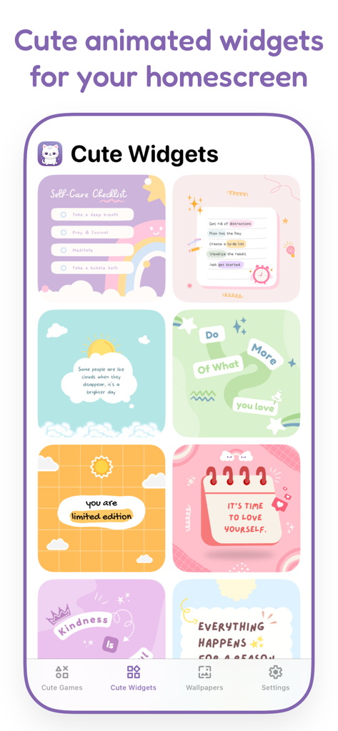 CuteKit Cute Aesthetic Widgets - A collection of cute aesthetic widgets including a self-care checklist and motivational quotes in pastel colors.