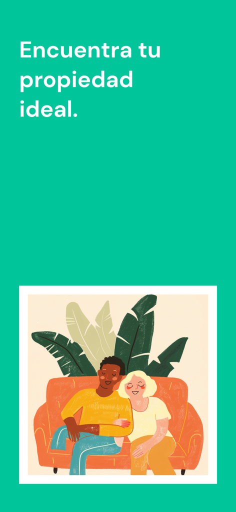 Quarto - Pantalla de la app Quarto con el texto en español Encuentra tu propiedad ideal y una ilustración de una pareja en un sofá