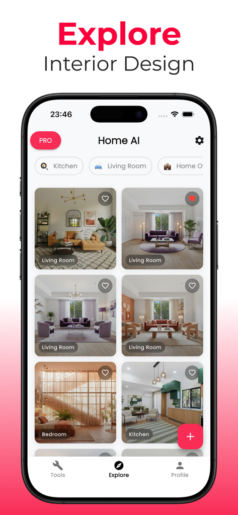 Pantalla de exploración de la aplicación Home AI que muestra varias ideas de diseño de interiores generadas por IA para salas de estar y cocinas.