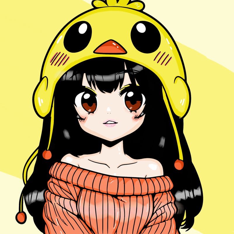 anime girl with chick shaped hat with sweater with bare shoulders with bangs covering them one eye with low tail