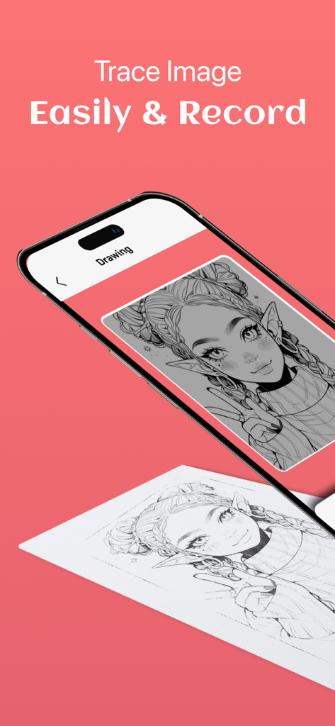 AR drawing app screen displaying an anime character being traced on paper