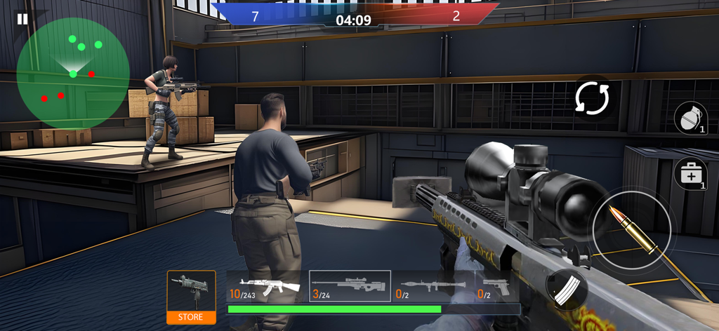 First person shooter gameplay showing a sniper rifle and a tactical radar map