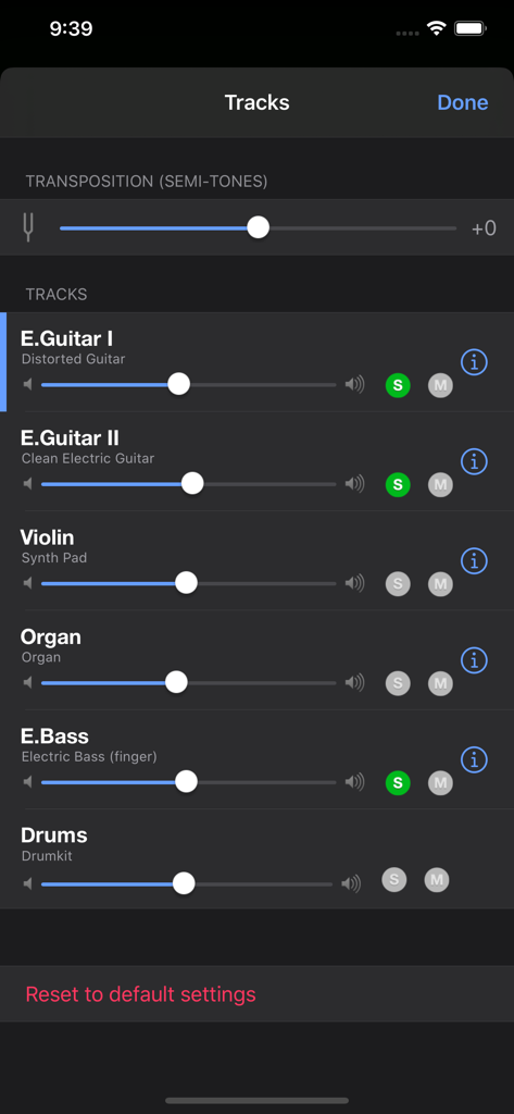 Interface du mixeur multipiste de l'application Guitar Pro avec curseurs de volume, boutons solo et mute, et paramètres de transposition.