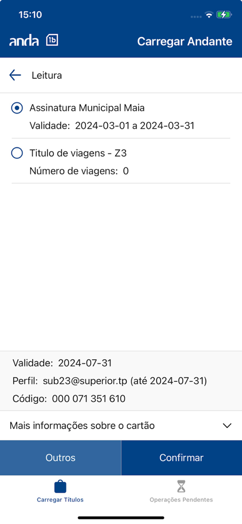 Anda - Interface of the Anda app showing public transport card status and top up options