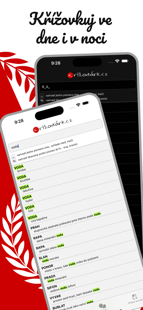 Křížovkářský slovník - Captura de pantalla de la interfaz de la aplicación Křížovkářský slovník en modos claro y oscuro que muestra resultados de búsqueda de crucigramas en checo.