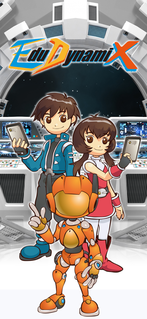 Edu DynamiX - Titelbildschirm der Edu DynamiX App mit Jungen- und Mädchencharakteren im Anime-Stil und einem orangen Roboter in einem Raumschiff