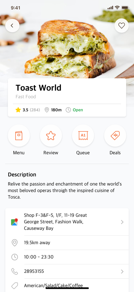 Eats365 - Eats365 app restaurant profile showing Toast World details and quick action buttons for menu and queuing