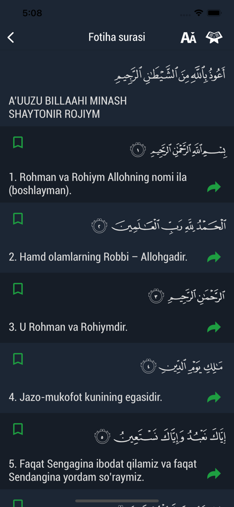 Tela de leitura do Alcorão no aplicativo Islom.uz mostrando Surah Al-Fatiha com texto árabe e tradução uzbeque