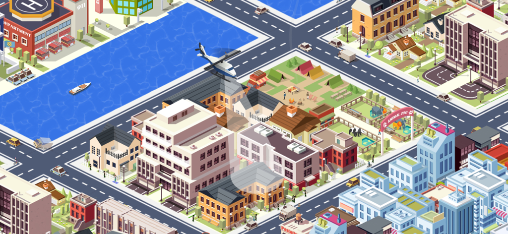 Vista isométrica del juego de City Craft Building Sim mostrando una ciudad vibrante con edificios, un río y un helicóptero