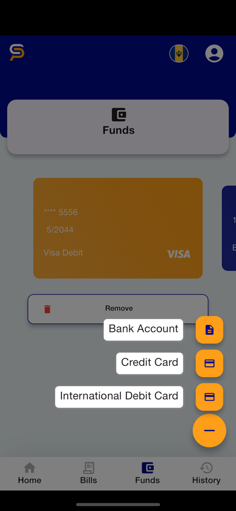 SurePay Mobile app funds screen showing options to add or remove bank accounts and credit cards