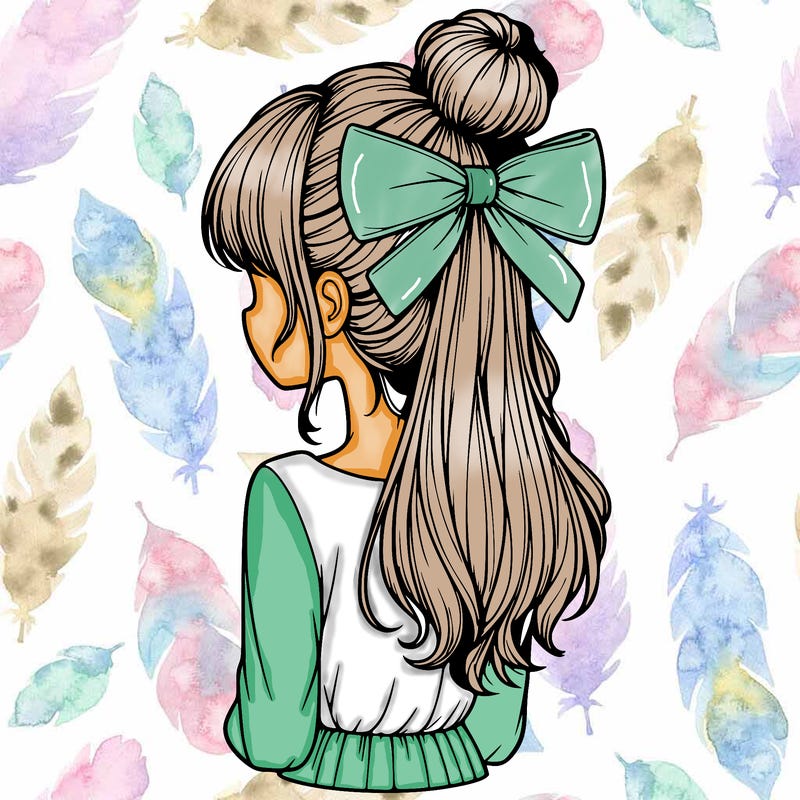 realistic girl  with hip length hair a bun and a big bow on the back of head