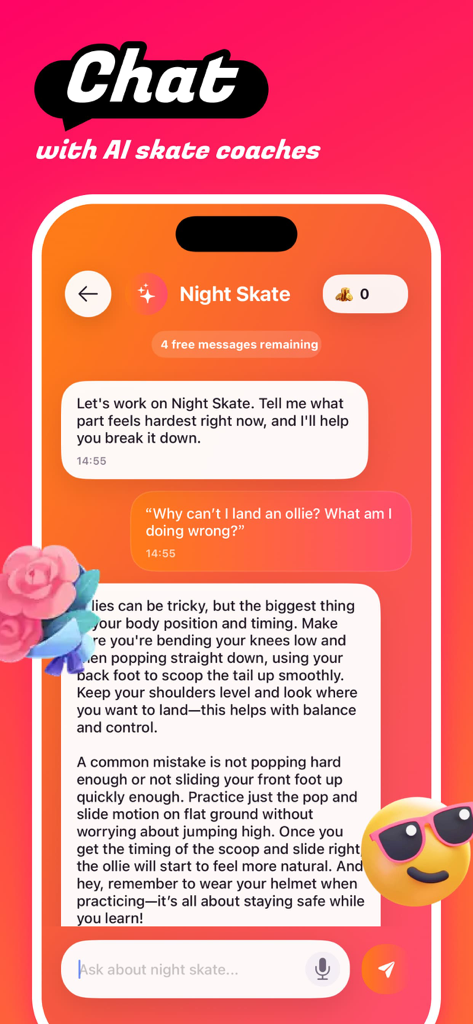 Fervid - Chat & Fun - AI skate coach in Fervid app providing detailed instructions on how to perform an ollie