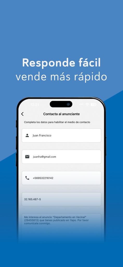 Yapo.cl - Captura de pantalla de la app móvil Yapo mostrando un formulario de contacto para enviar un mensaje a un anunciante sobre un listado de apartamento