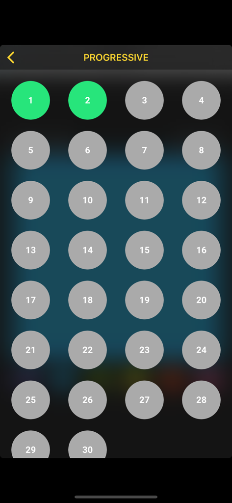 Flood–It! - Pantalla de selección de nivel que muestra 30 niveles de juego progresivos en un diseño de cuadrícula circular limpio.