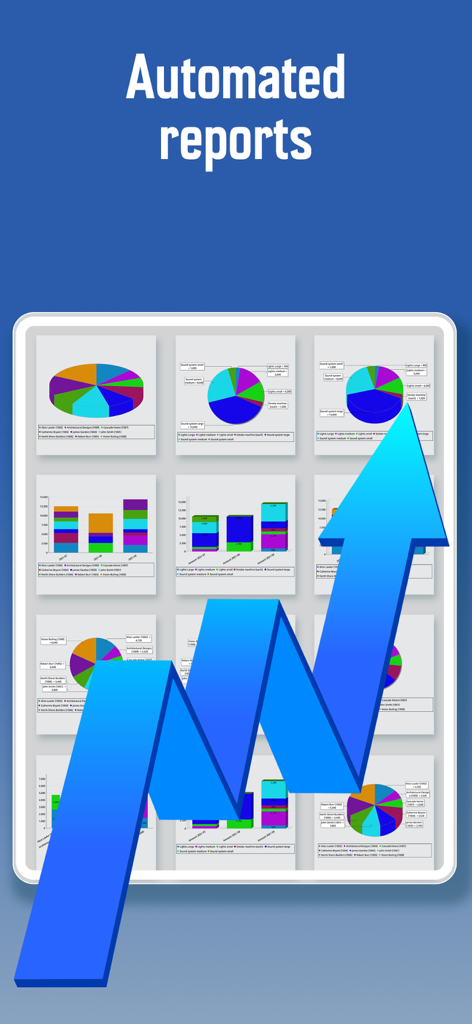 Informes comerciales automatizados con gráficos de ventas y una flecha de crecimiento ascendente.