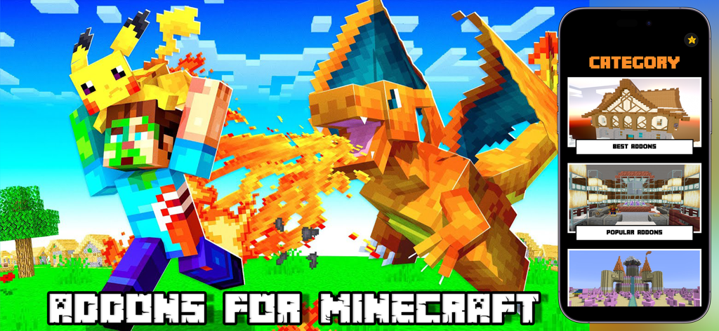 Addons for Minecraft PE ▶ - Promotional banner for Addons for Minecraft PE showing a fire-breathing dragon and the app interface with various mod categories