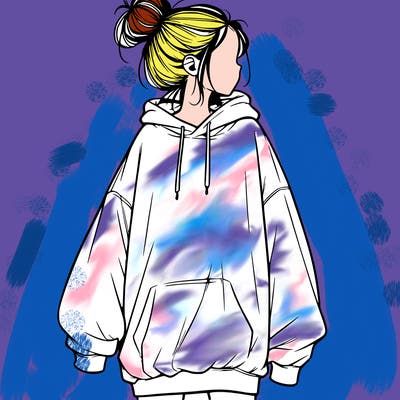 realistic girl with a oversized sweatshirt on and a bun
