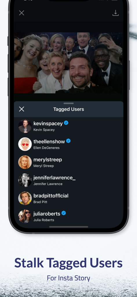 Who Profile: View for my Insta - A mobile app screen showing a list of tagged users from an Instagram story.