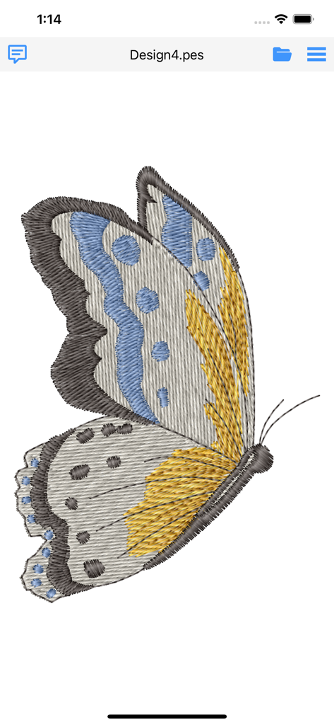 Stitch Viewer Pro - A realistic stitch preview of a butterfly embroidery design in the Stitch Viewer Pro app