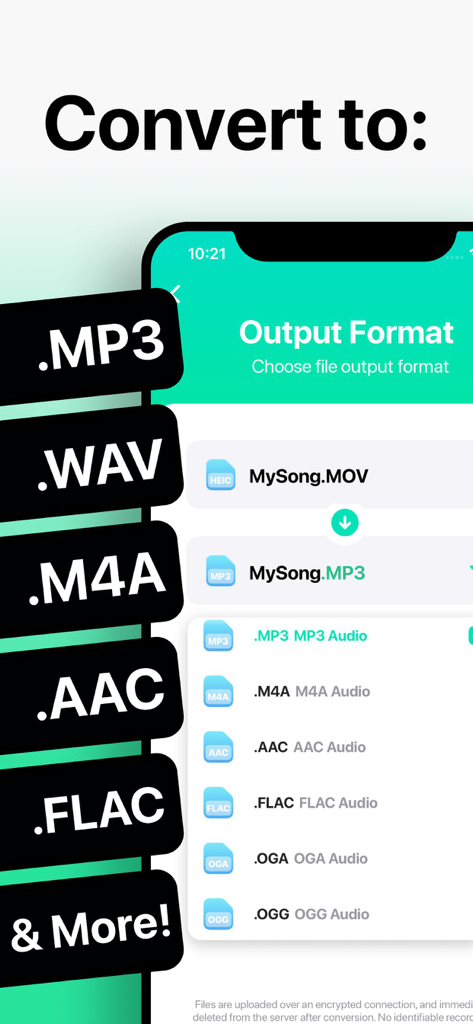 The Audio Converter - Interface of The Audio Converter app showing conversion of a MOV file to MP3 and a list of audio output formats