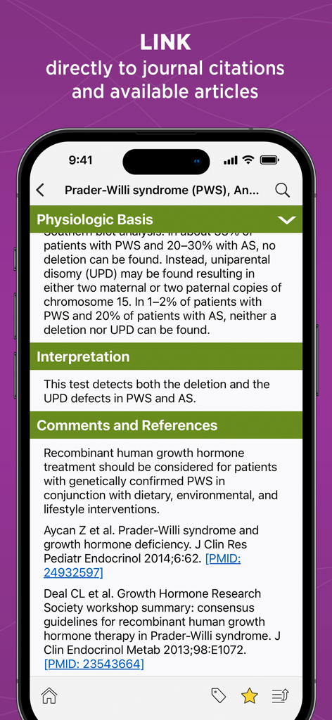 Interfaz de aplicación médica que muestra referencias de pruebas de diagnóstico con enlaces directos a revistas de PubMed.