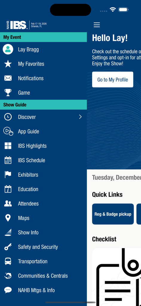 IBS 2026 - IBS 2026モバイルアプリのナビゲーションメニュー。イベントスケジュールと出展者リンクが表示されています。