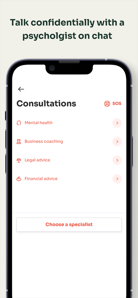 Mindgram - Mindgram app screen showing consultation categories for mental health business coaching legal and financial advice