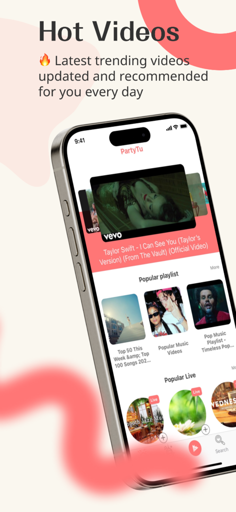 Smartphone zeigt den Startbildschirm der PartyTu-App mit einem Bereich für angesagte Musikvideos und beliebte Wiedergabelisten