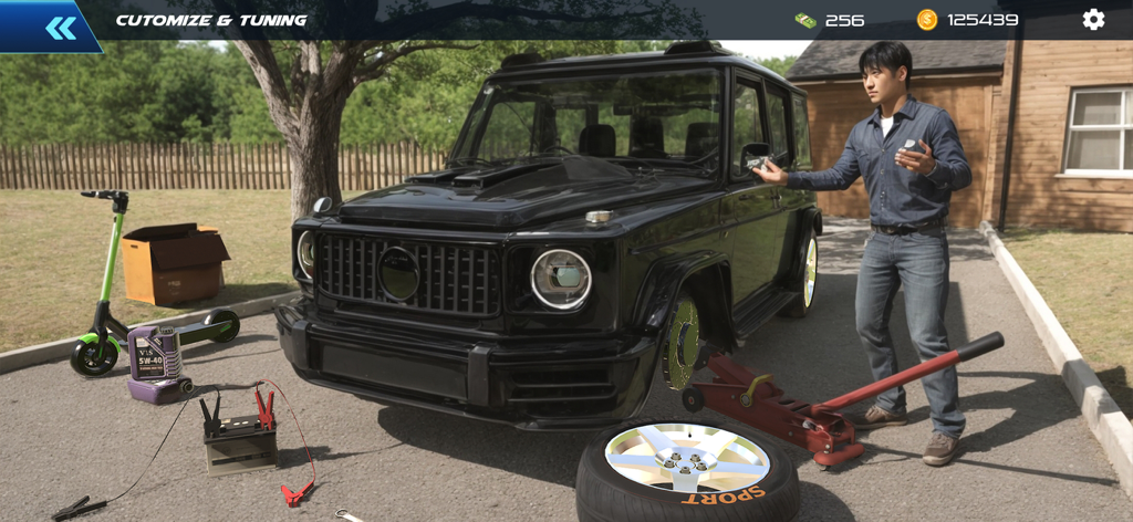 Car Driving 2026 : School Game - La pantalla de personalización y ajuste de Car Driving 2026 que muestra un SUV de lujo negro con herramientas mecánicas y un personaje