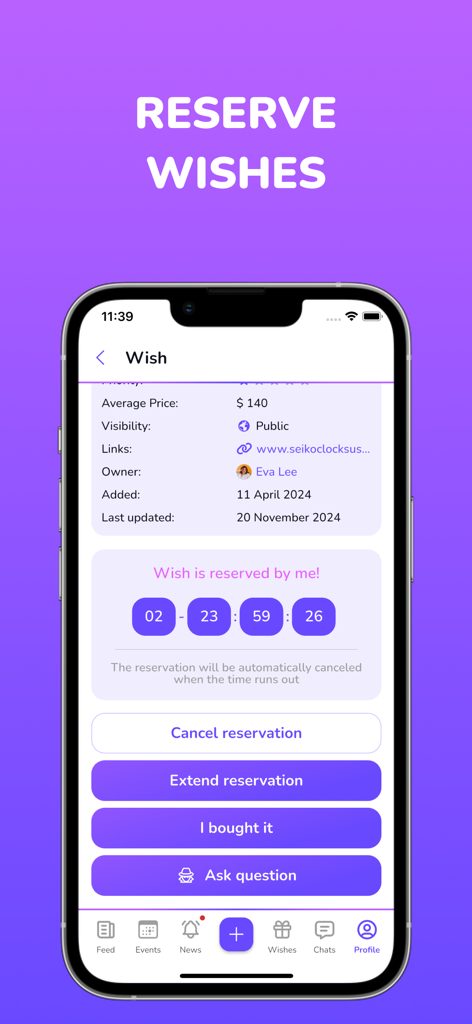 Una captura de pantalla de la app WishSpace que muestra la función de reservar deseos con un temporizador de cuenta regresiva para la reserva de un regalo.